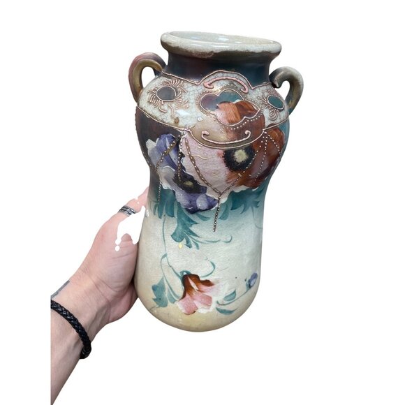 Art Nouveau Amphora style vtg floral beaded teplitz 11 vase SKU 9813